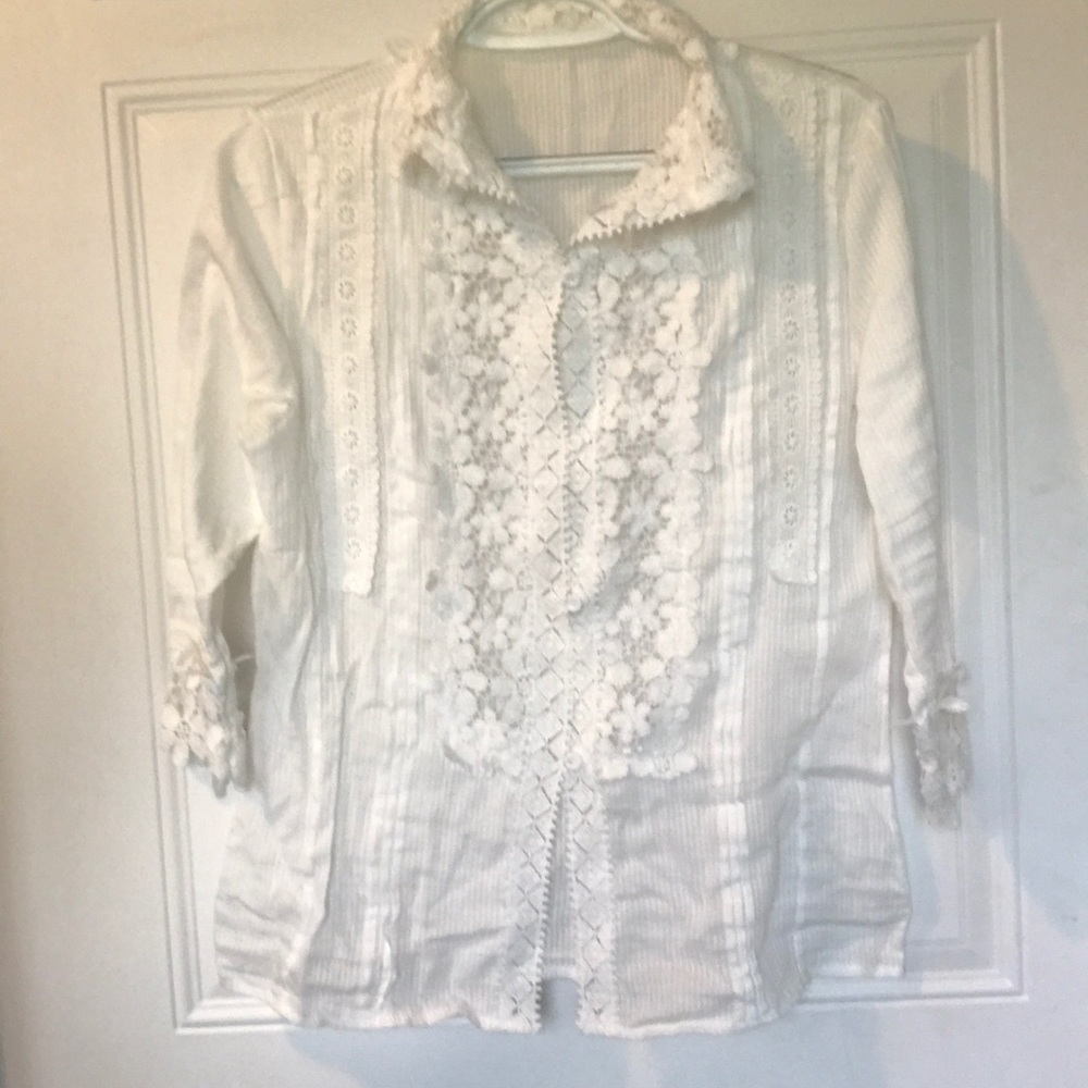 Gauzy embroidered lace button front blouse